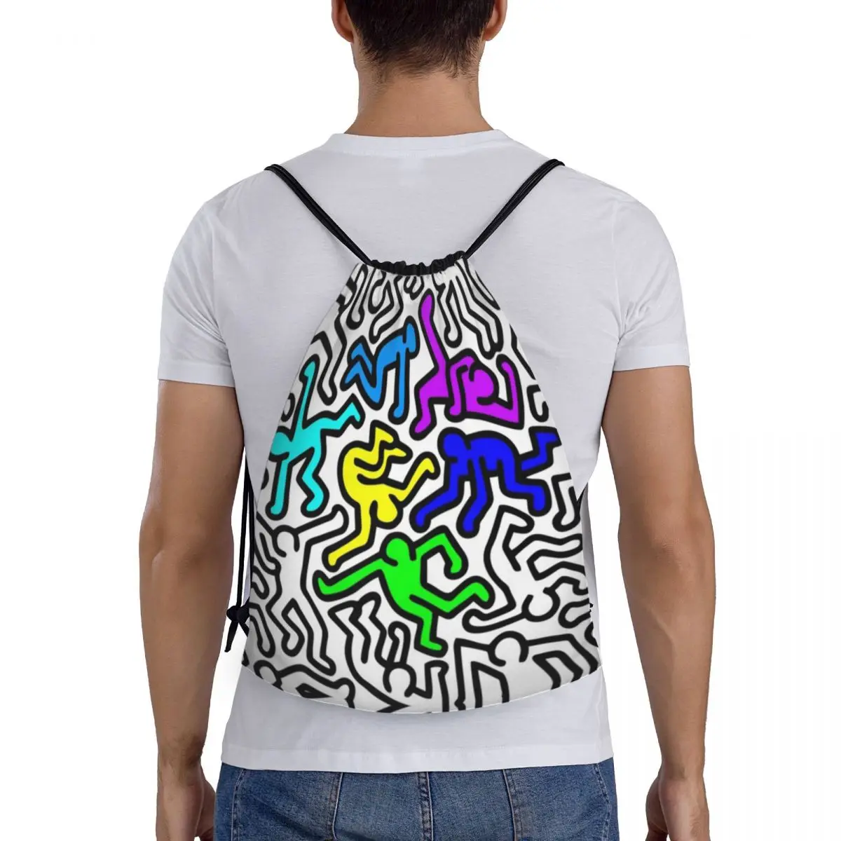 Mochila de cordão para mulheres dançarinas de cordão, sackpack esportivo, rap dobrável, graffiti, abstrato geométrico, sacola de compras