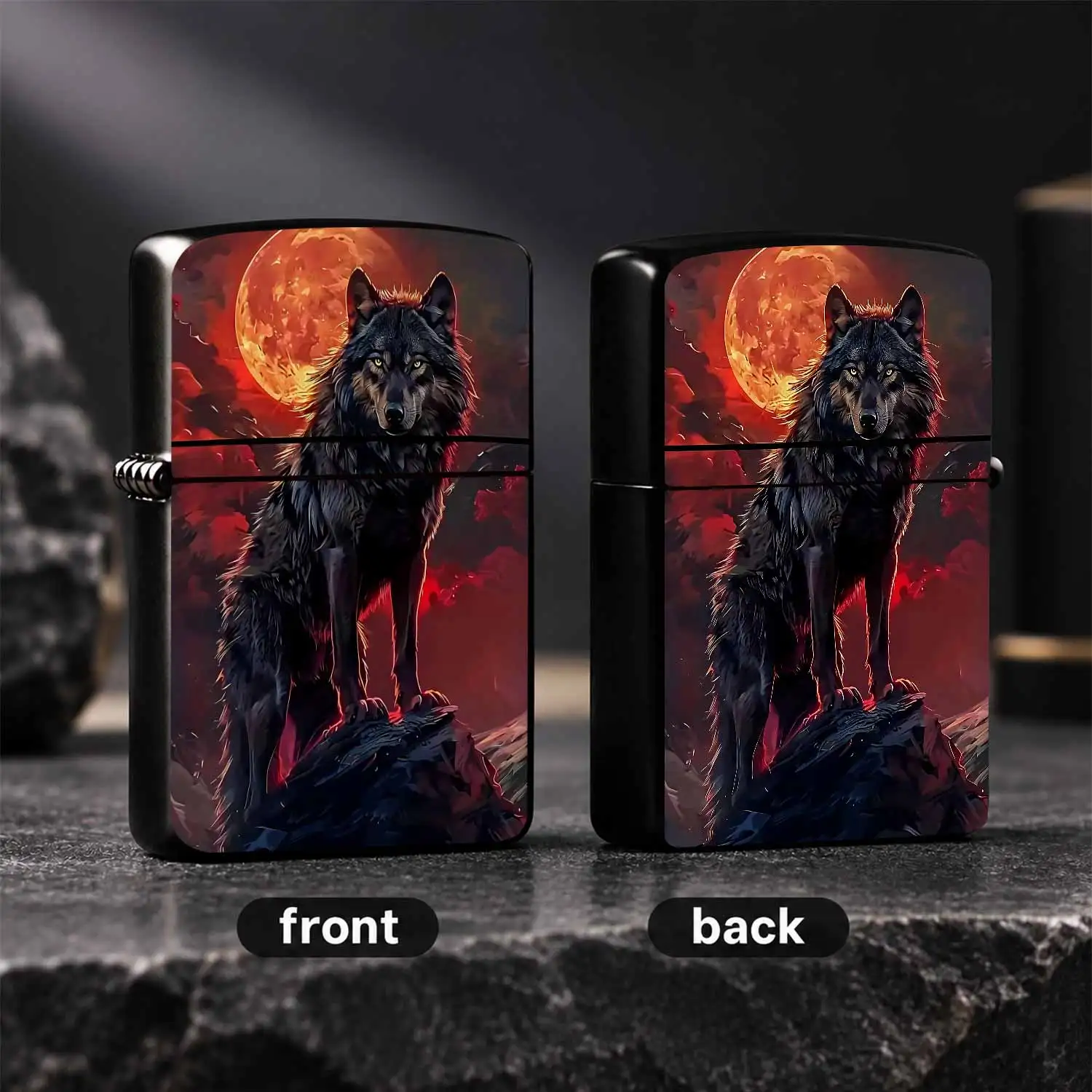 Black Blood Moon Lone Wolf Pattern Classic Portable Lighter, Stylish Atmospheric Decor, Multi-scenario Applicable for Outdoor Camping Daily Household Gifting, Durable Exquisite Practical Creative Accessory for All Kinds  A Humorous And Inte
