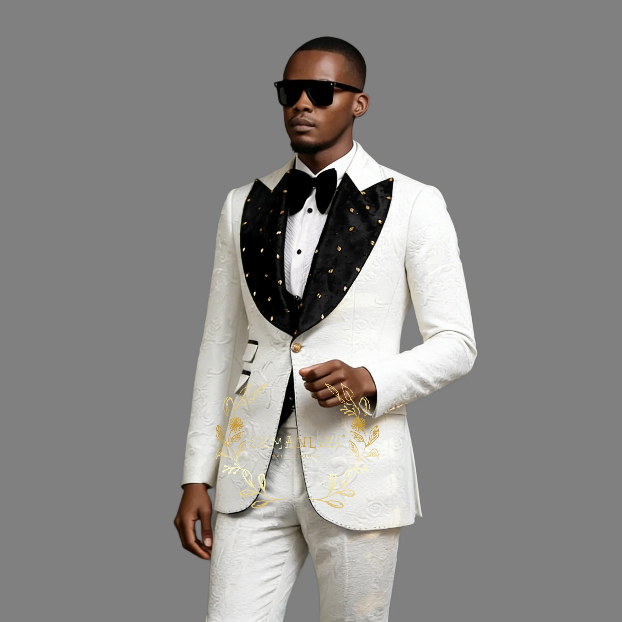

White Floral Fashion Men Suits For Wedding Prom 2 Pieces Groom Tuxedos Tailored-made Italian Male Party Groomsmen Jacket Pants