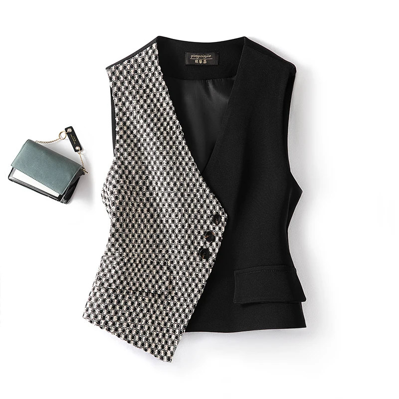 

Повседневная женская куртка-жилет с V-образным вырезом, весна-осень, с цветовыми блоками, асимметричным модным дизайном, для повседневной носки, из смесового полиэстера