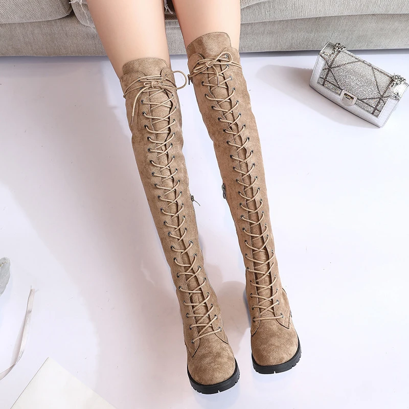 Women Shoes High Quality Cross-tied Over-the-knee High Boots 43 Size British Style Martin Boots Hot Sale Side Zipper Long Boots