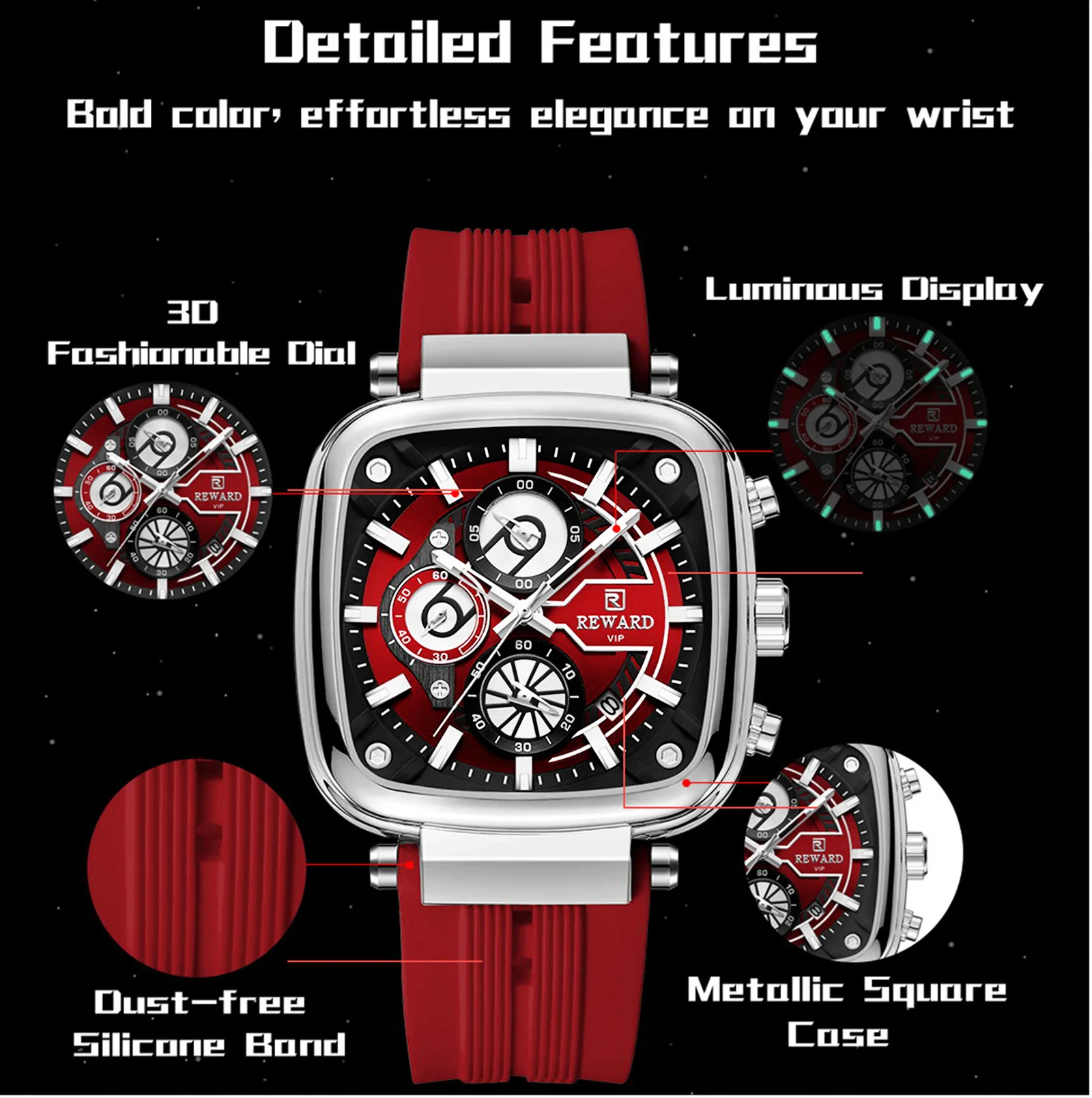 REWARD Casual Sport Quartz Man Watch Top Brand Luxury Red Watches Fashion Clock Man Silicone Strap