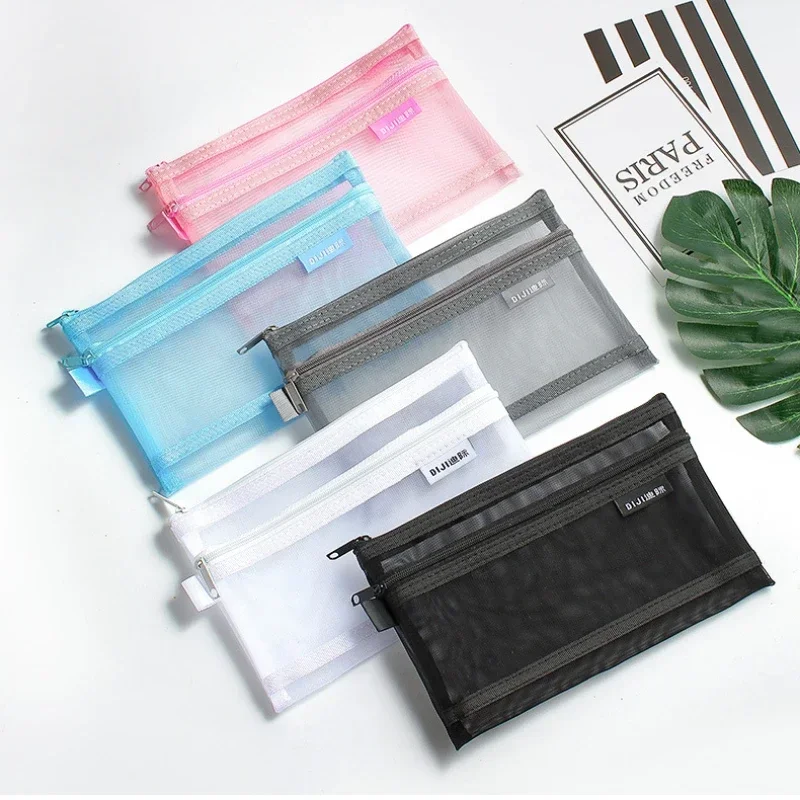 Double Layers Mesh Cosmetic Bag High Capacity Zipper Toiletry Kits Nets Stationery Pencil Bag Nylon Scrapbook Bills Organizer