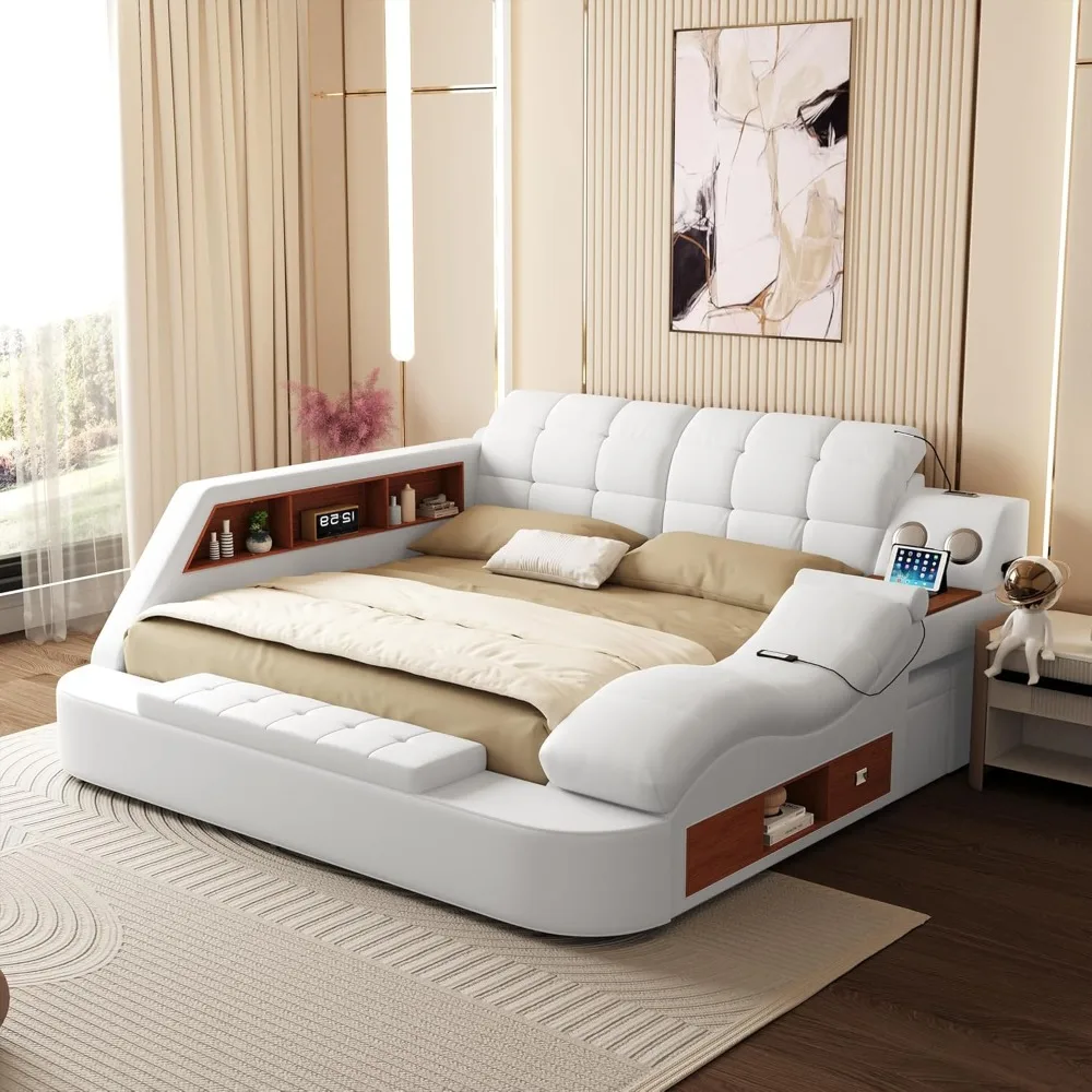 

King Size Smart Multifunctional Bed Frame, Platform Bed with Massage Recliner, Bluetooth Speaker, USB Charging, Multifuncion Sto