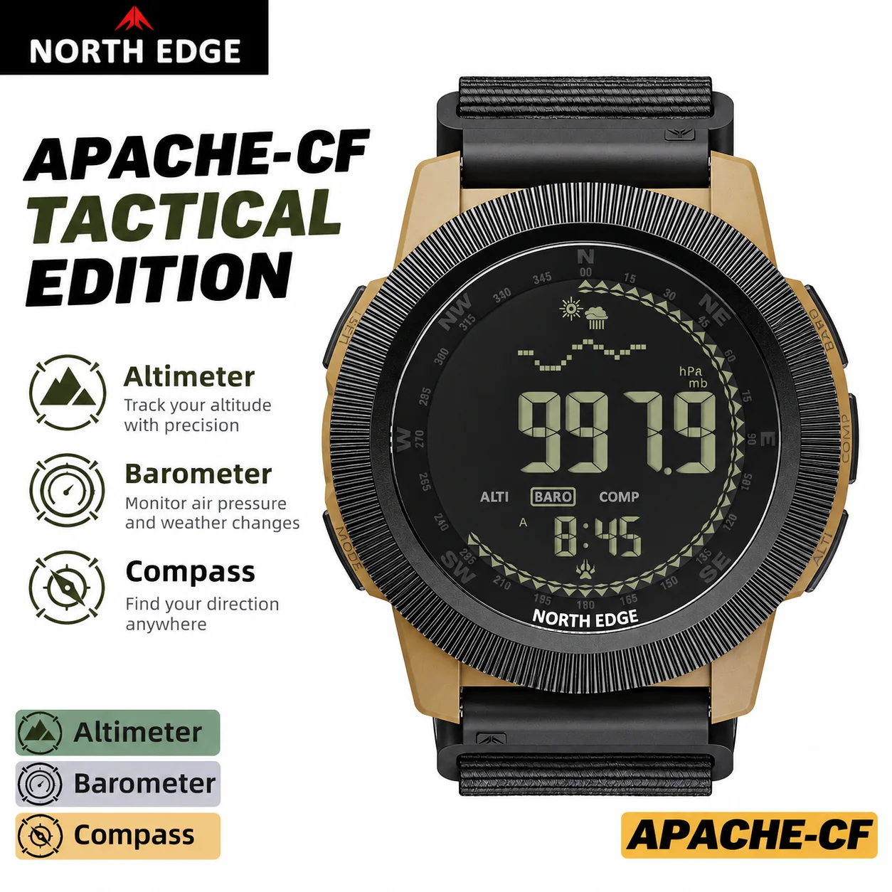 NORTH EDGE APACHE-CF Men Digital Watch Outdoor Sports Carbon Fiber Case Altimeter Barometer Compass 50M Waterproof Watch for Men