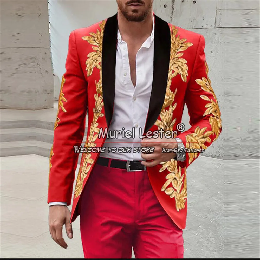 Red Suit Men With Gold Sequin Appliques Jacket Pants 2 Pieces Groom Wedding Tuxedos Plus Size Black Shawl Lapel Prom Blazer 2024