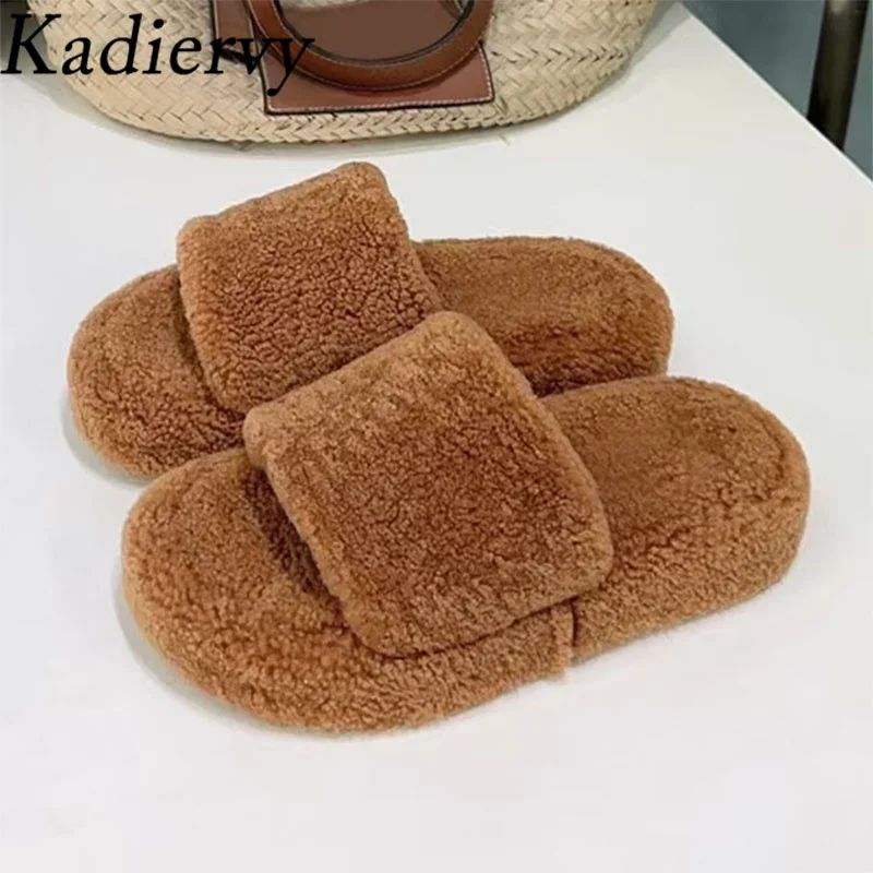 

2026 Autumn Winter Slippers Women Thick Sole Mules Shoes Woman Peep Toe Flat Slides Wool Fashion Comfort Slippers Woman