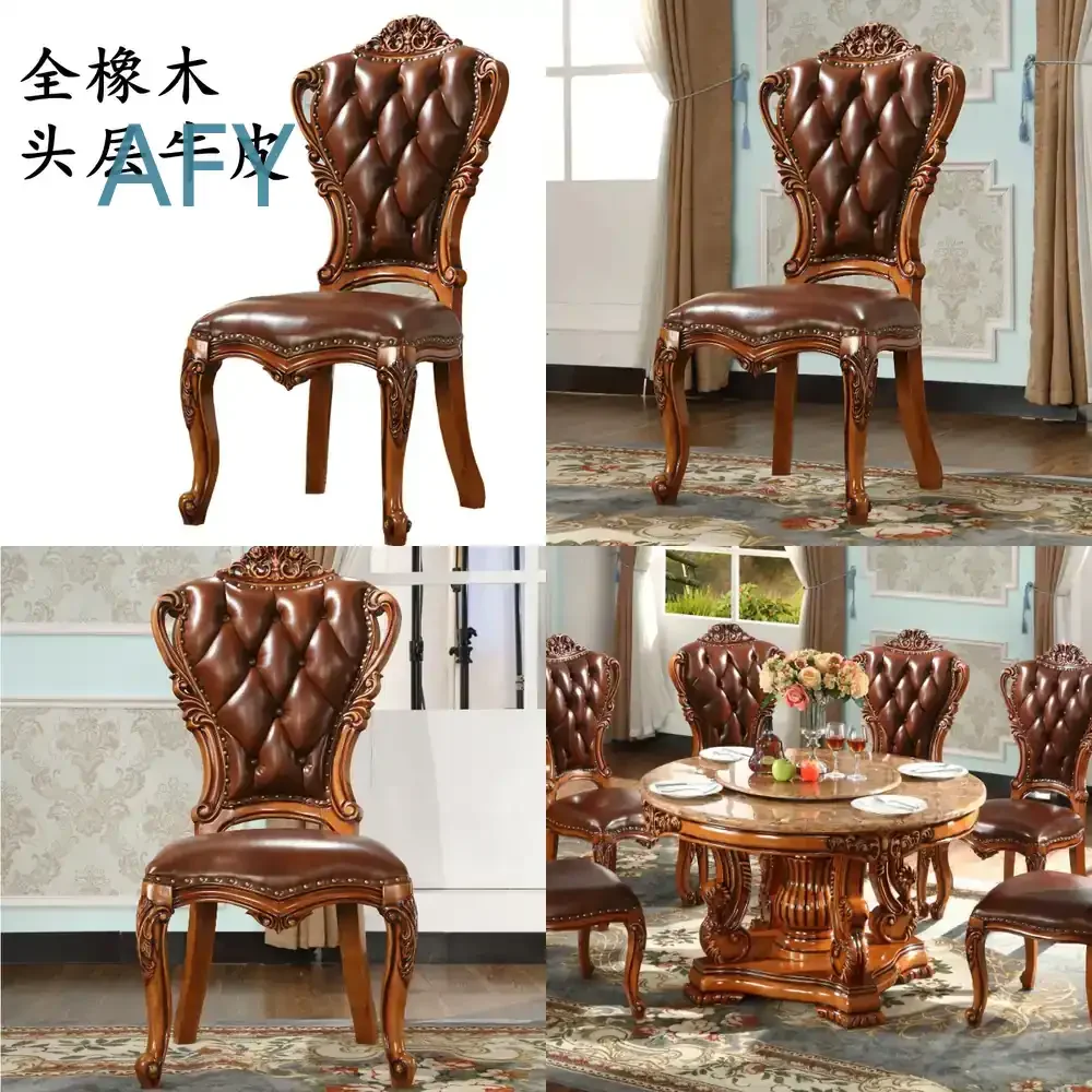 Massivholz-Esszimmerstuhl im Europäisch-Amerikanischen Stil Luxuriöses Esszimmer-Set Echtes Vollnarbenleder-Sitz Komfortabel