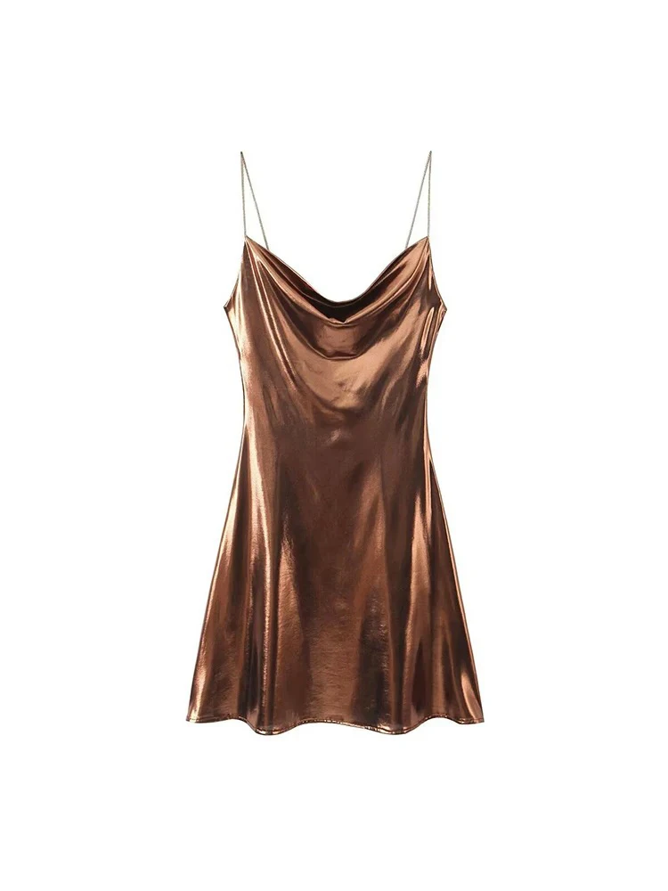 Women's Metallic Colour Glitter Dress Sexy Backless Sleeveless Spaghetti Strap Dresses Party Bar Sleeveless Short Dresses