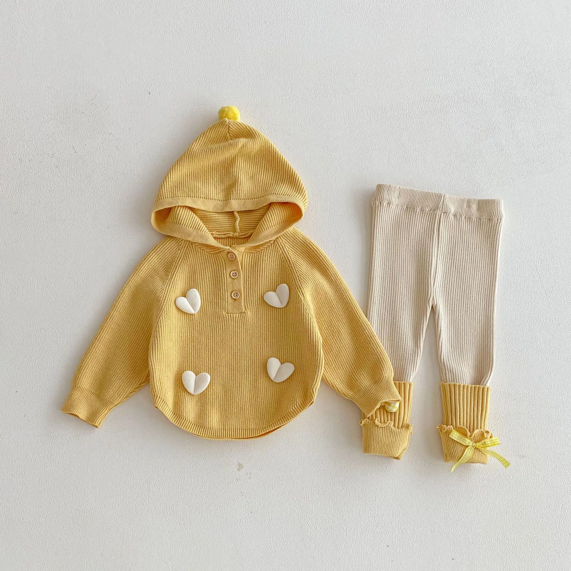 

Весенний новый комплект детской одежды 2026 года: вязаный свитер с капюшоном и леггинсы для девочек, 2 предмета, милый повседневный наряд для младенцев