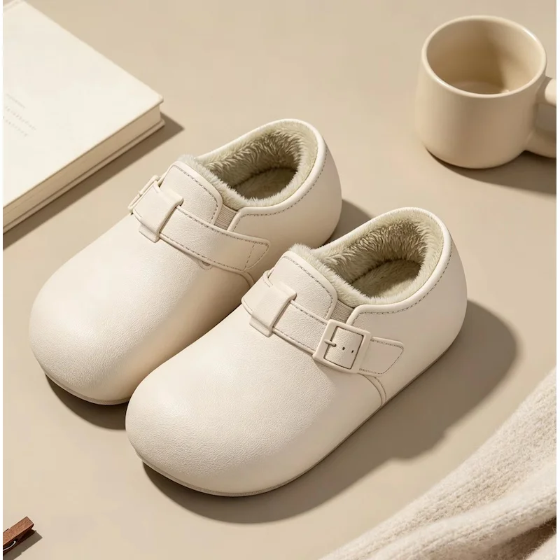 Unisex Winter Warm Mules Cute Round Toe Casual Slippers Decorative Buckle Strap Fluffy Fleece Lined Booties For Couples