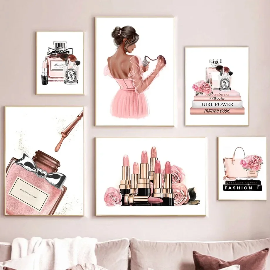 Pintura en lienzo, carteles nórdicos e impresiones de imágenes de pared, Perfume de flores, lápiz labial, libro, maquillaje de moda para decoración para sala de estar