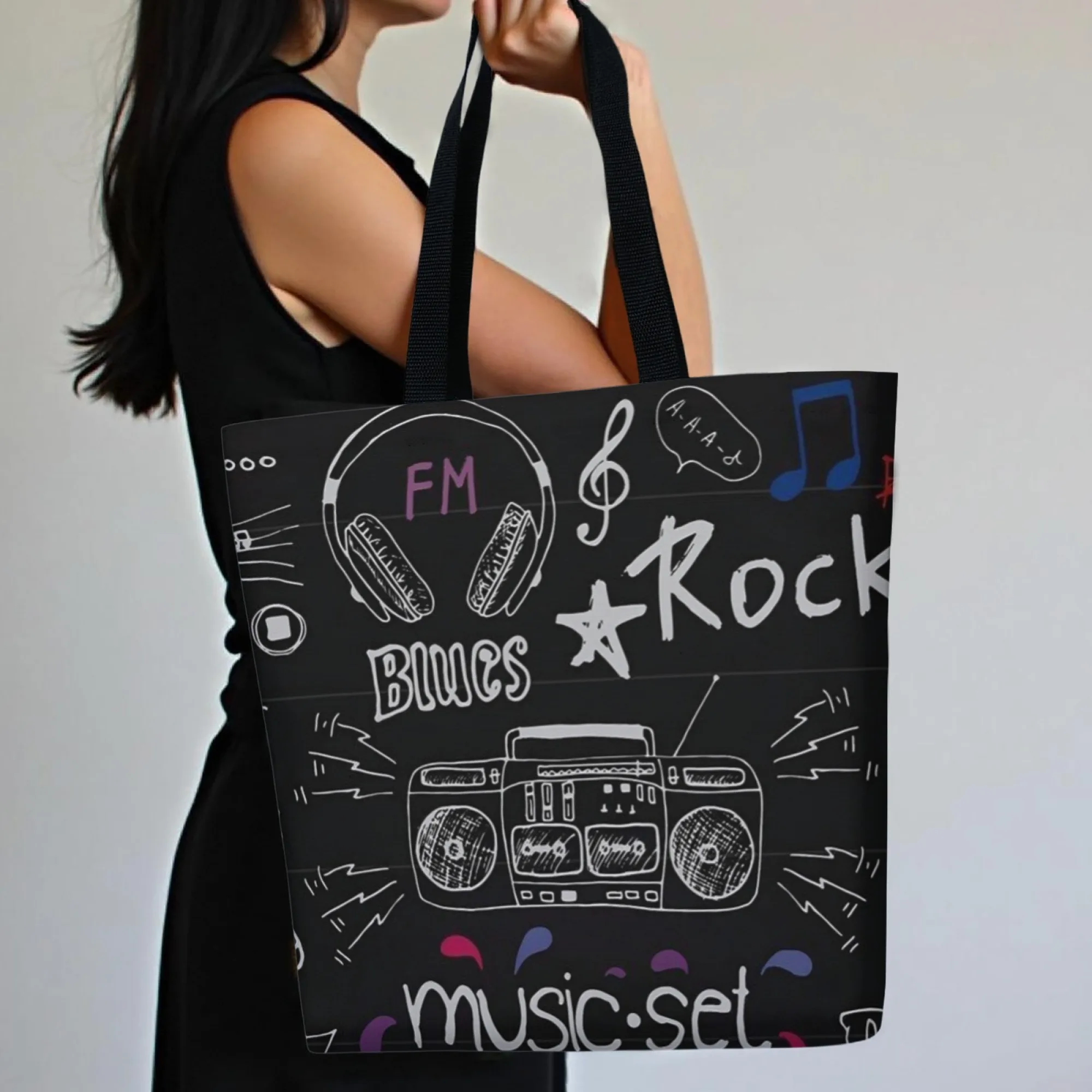 Rock Music Graffiti Canvas Women Tote Bag Black Music Print Shoulder Bag Large Capacity Casual Handbag Reusable Music Travel