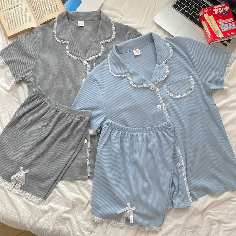 

2 Piece Pajama Sets Women Lace-Cuff Various Colors Female Sleepwear Solid Soft Simple Style Loose Short-sleeve Popular Nightwear