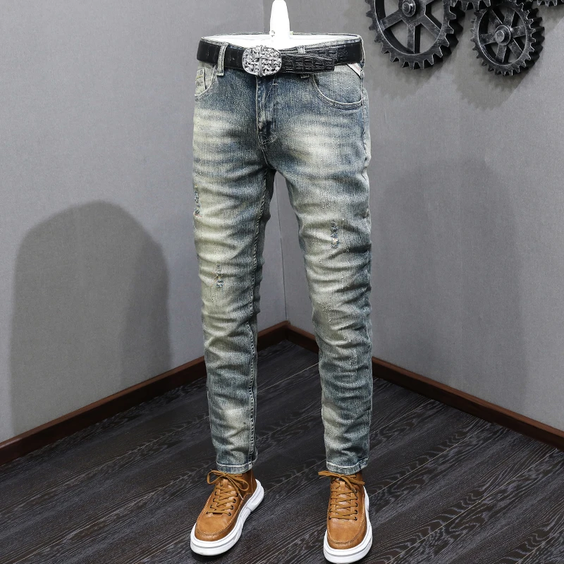 Fashion Vintage Men Jeans Retro Washed Blue Stretch Slim Fit Ripped Jeans Men Embroidery Patched Designer Denim Pants Hombre
