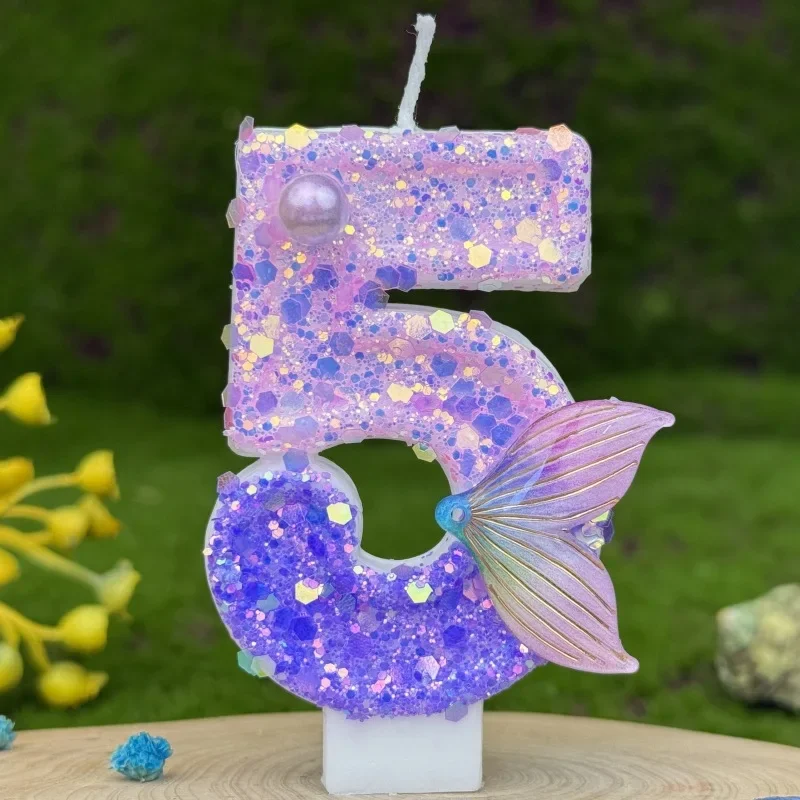 Purple Mermaid Tail Glitter 0-9 Number Candle Birthday Party Candle for Girls Cake Decoration