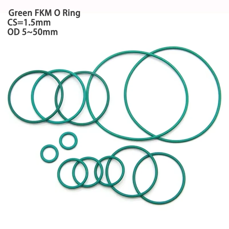 Green FKM O Ring CS 1.5mm OD 5 ~ 50mm Sealing Gasket Insulation Oil High Temperature Resistance Fluorine Rubber O Ring Green