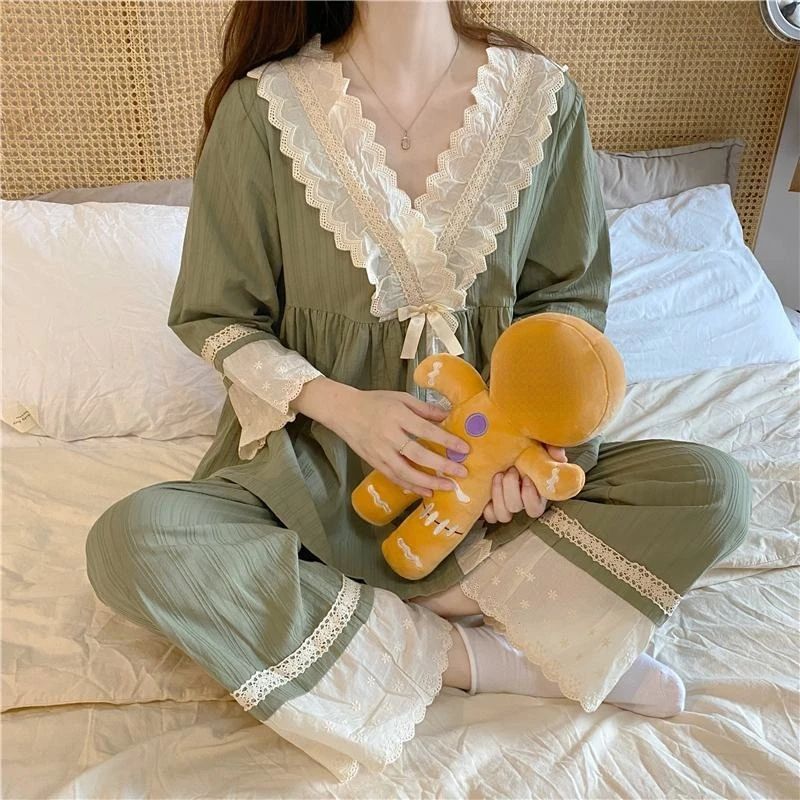 2024 New Pajamas for Women Solid Color Sweet Loose Sleepwear Pullover Homewear Set V-neck Lace Contrasting Colors Loungewear