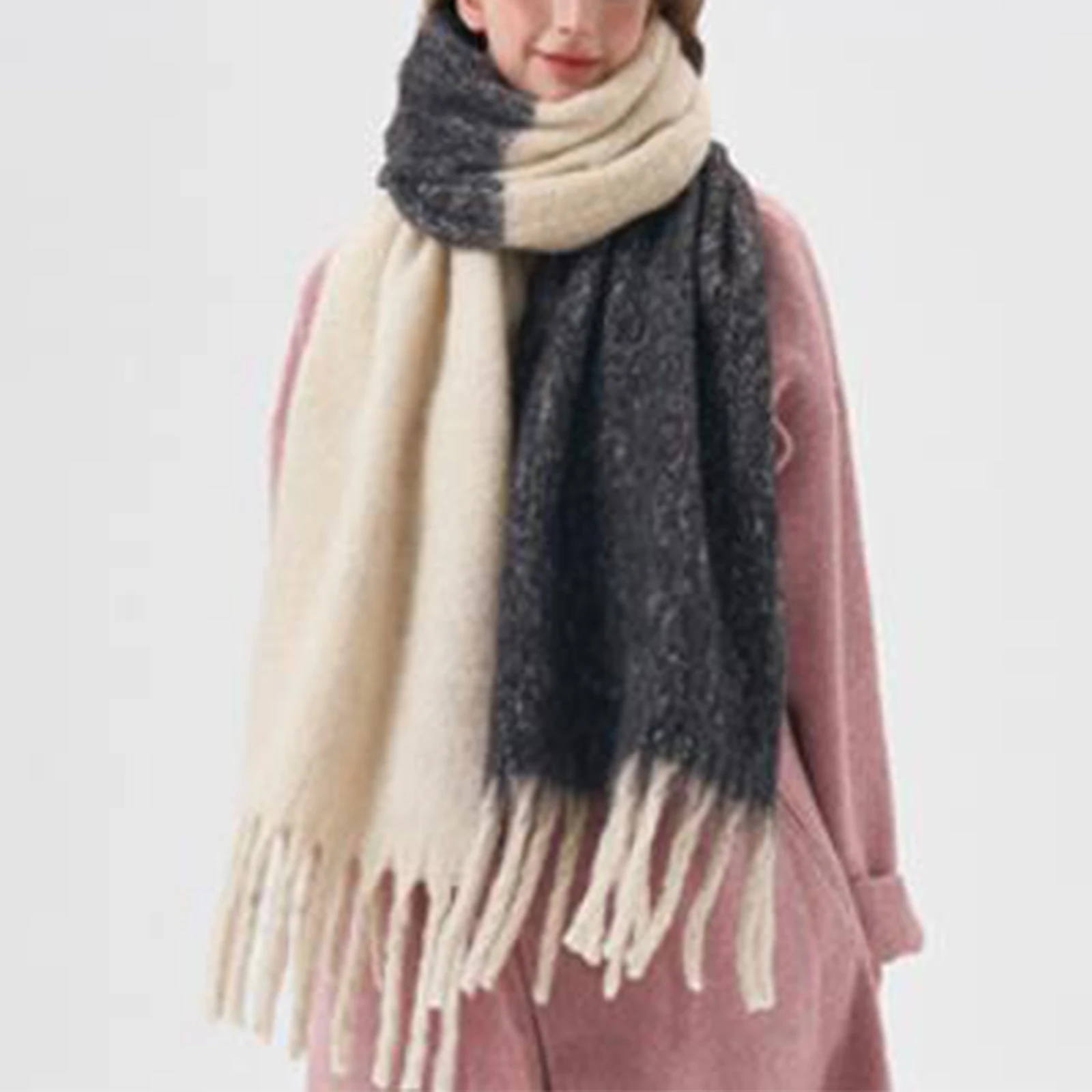 Women's Soft Scarf Winter Thickened and Lengthened Tasseled Warm Shawl Wrap Windproof Simple Plush Elegant Contrast Color Scarf