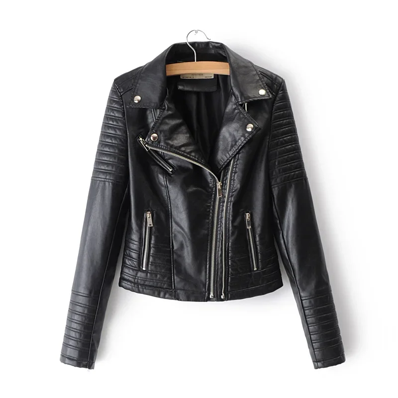Spring and Autumn Simple Pure Color European and American Style Flip Collar Motorcycle Pu Leather Jacket Coat for Women