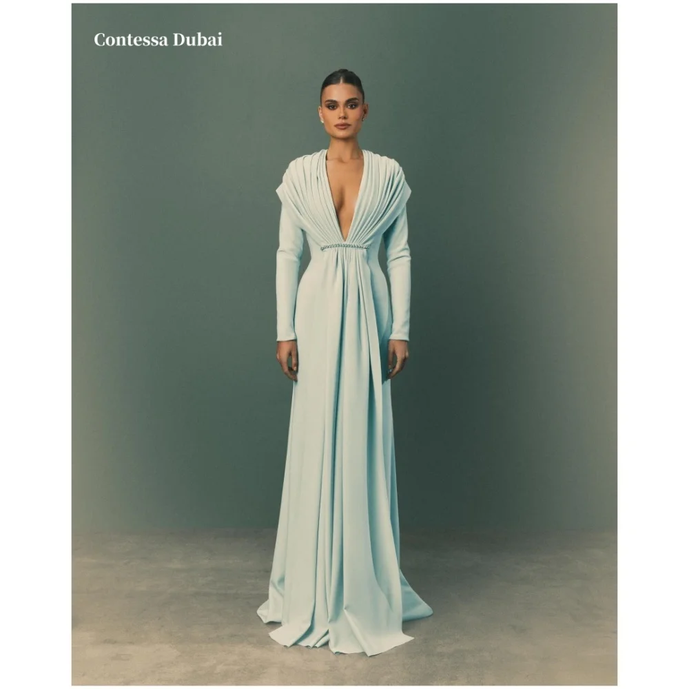 

Contessa Dubai Green V Neck Zip Prom Dresses Mermaid Draped Customized فساتين سهرات Long Sleeve Sweep Train robes de soirée