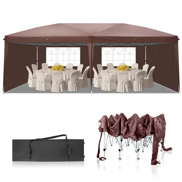 

10 * 20Ft Deep Coffee Color 4 Sides -2 Windows Shed Oxford Cloth Spray Painted Iron Pipe Portable Gazebo Outdoor Decor Canopy