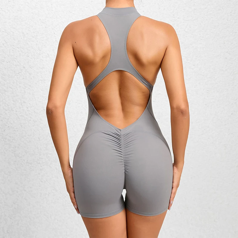 Back V Scrunch Jumpsuits Gym Short One-Piece Suit Yoga Set Push Up Zipper Workout Rompers Fitness Sexy Sports Bodysuit Female