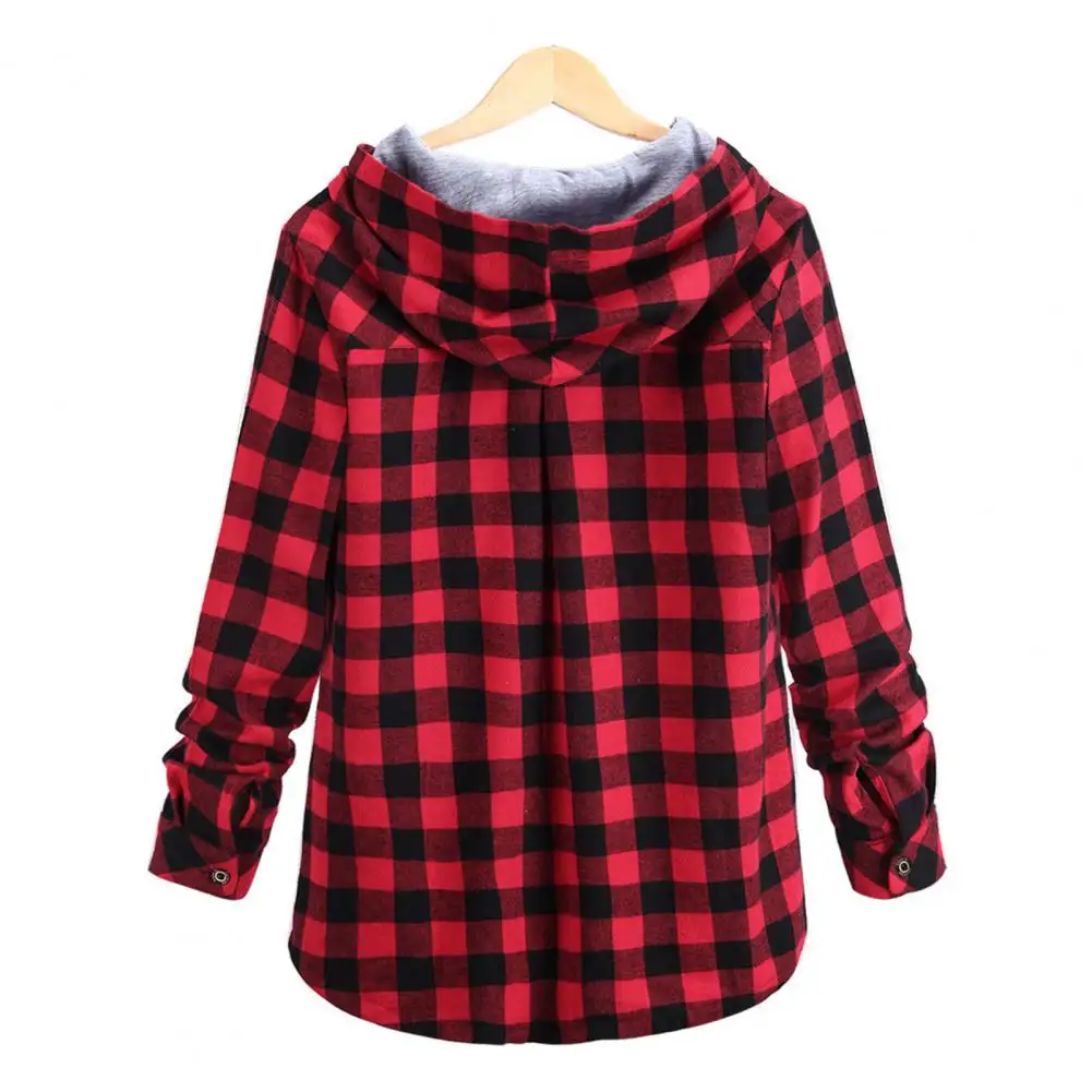 Women Coat Women Long-sleeve Jacket Plaid Print Hooded Cardigan for Women with Drawstring Waist Chest Pocket Stylish for Autumn