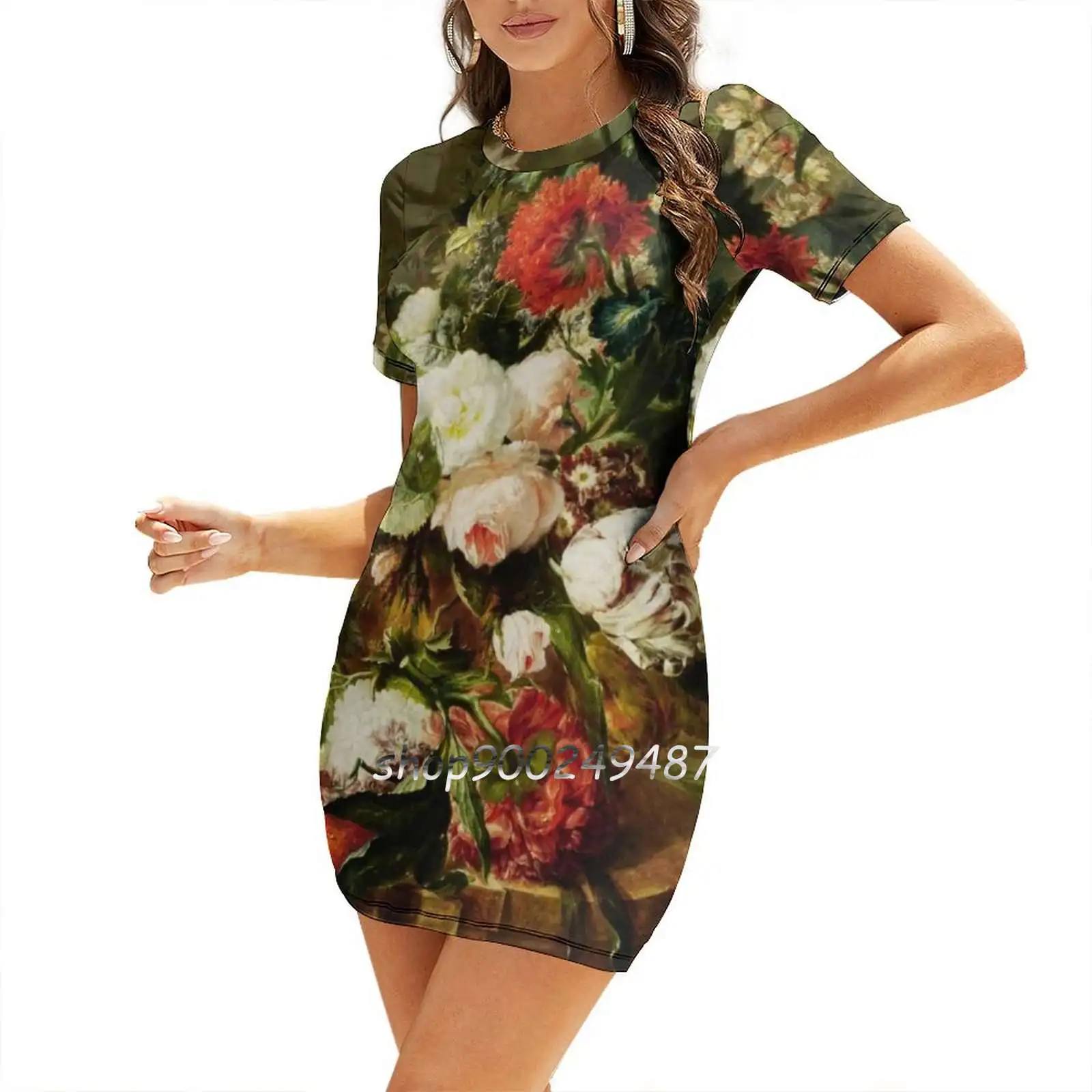 Vintage Floral Oil Painting Square Neck Dress New Plus Size Elegant Women Waist Tight Dress Floral Vintage Peonies Roses Floral