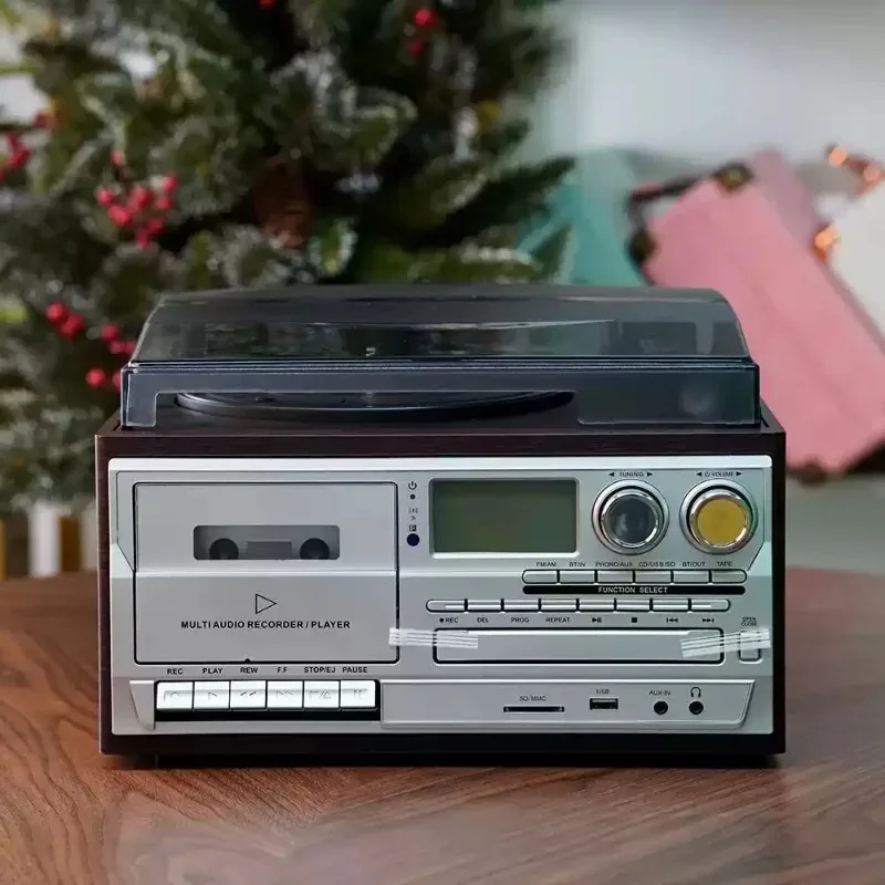 All-in-1 Vintage Turntable: LP/CD/Cassette/USB/SD Player, BT Speaker, FM/AM Radio & Tape-to-MP3 Vinyl Record Player