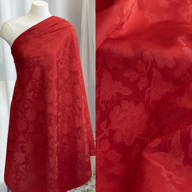 

1meter Red Satin Jacquard Fabric Peony Butterfly Shadow Pattern Traditional Chinese Wedding for Hanfu Ming Dynasty Jacket Sewing