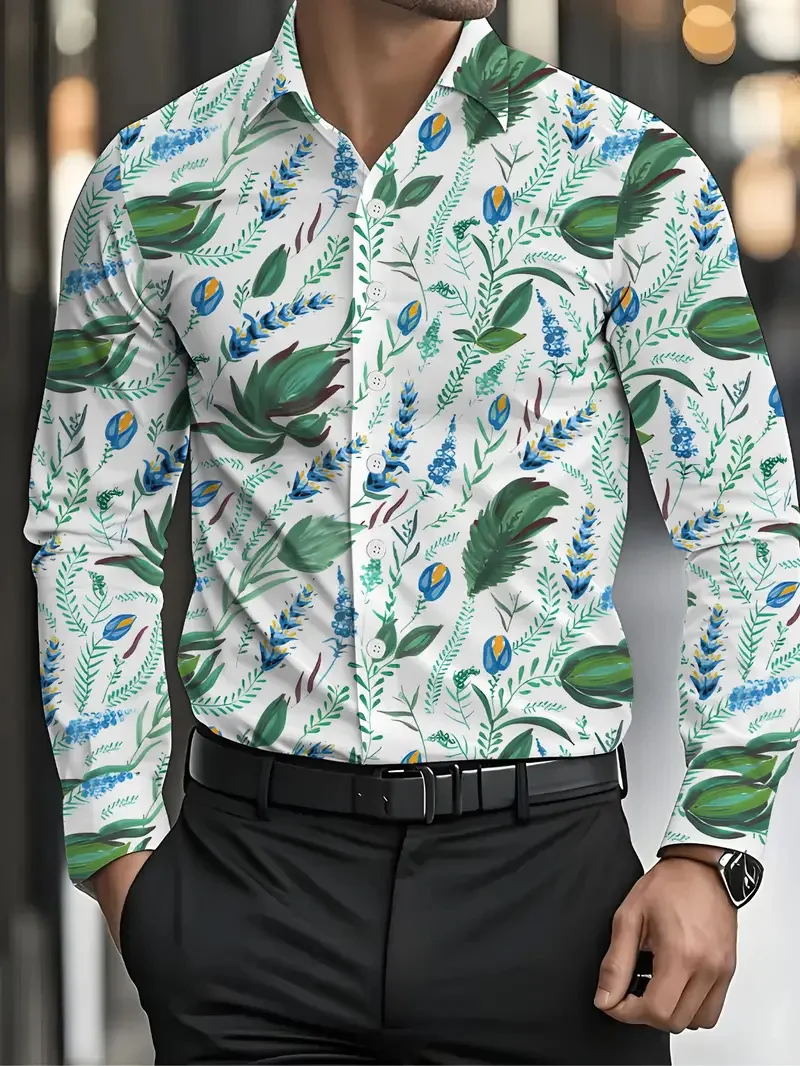Men's Long Sleeve Shirt Casual Striped Flower 3D Boat Anchor Print High Quality Fashion Top Shirt