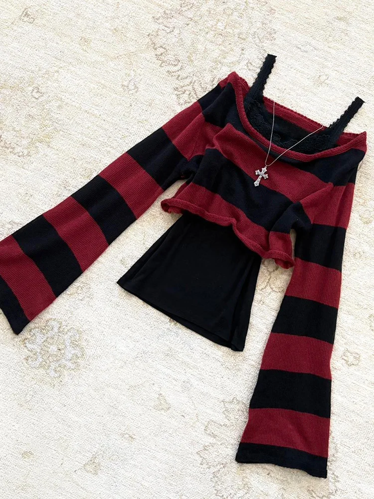 

Комплект из свитера и брюк в красную полоску, винтажный дизайн, маленький ищ, супер красивая атмосфера, хлопковый трикотаж из двух предметов