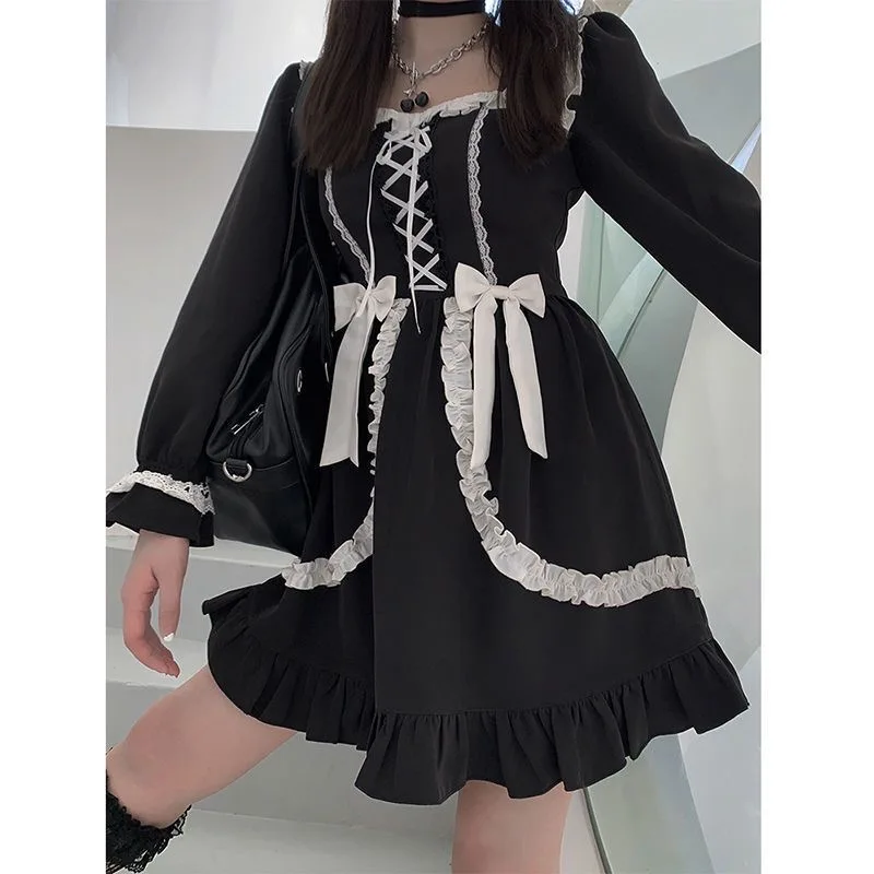 Gothic Lolita schwarzes Kleid Vintage japanische weiche Mädchen niedlichen Bogen Schnür Rüschen lang ärmel ige Prinzessin Frauen Punk Kleider