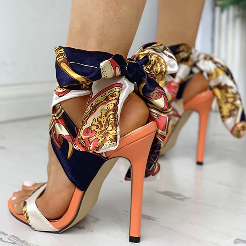 Vacation Party Shoes Peep Toe Point Toe Heeled-sandals Satin Print Knotted Detail Thin Heeled Sandals