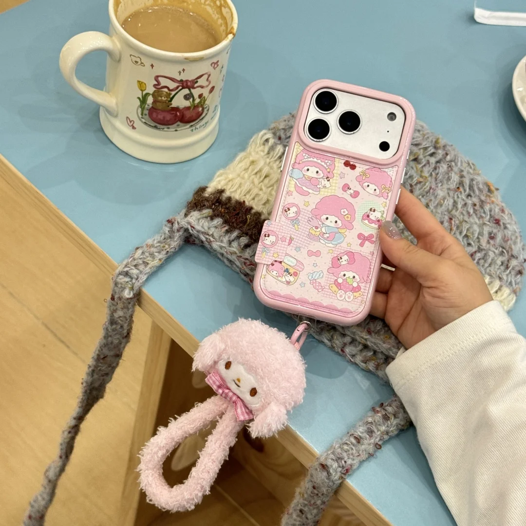 

Korean Strawberry Pink small sheep label leather Phone Case For iPhone 17 16 15 14 13 Pro Max girl Plush lanyard soft Cover﻿﻿
