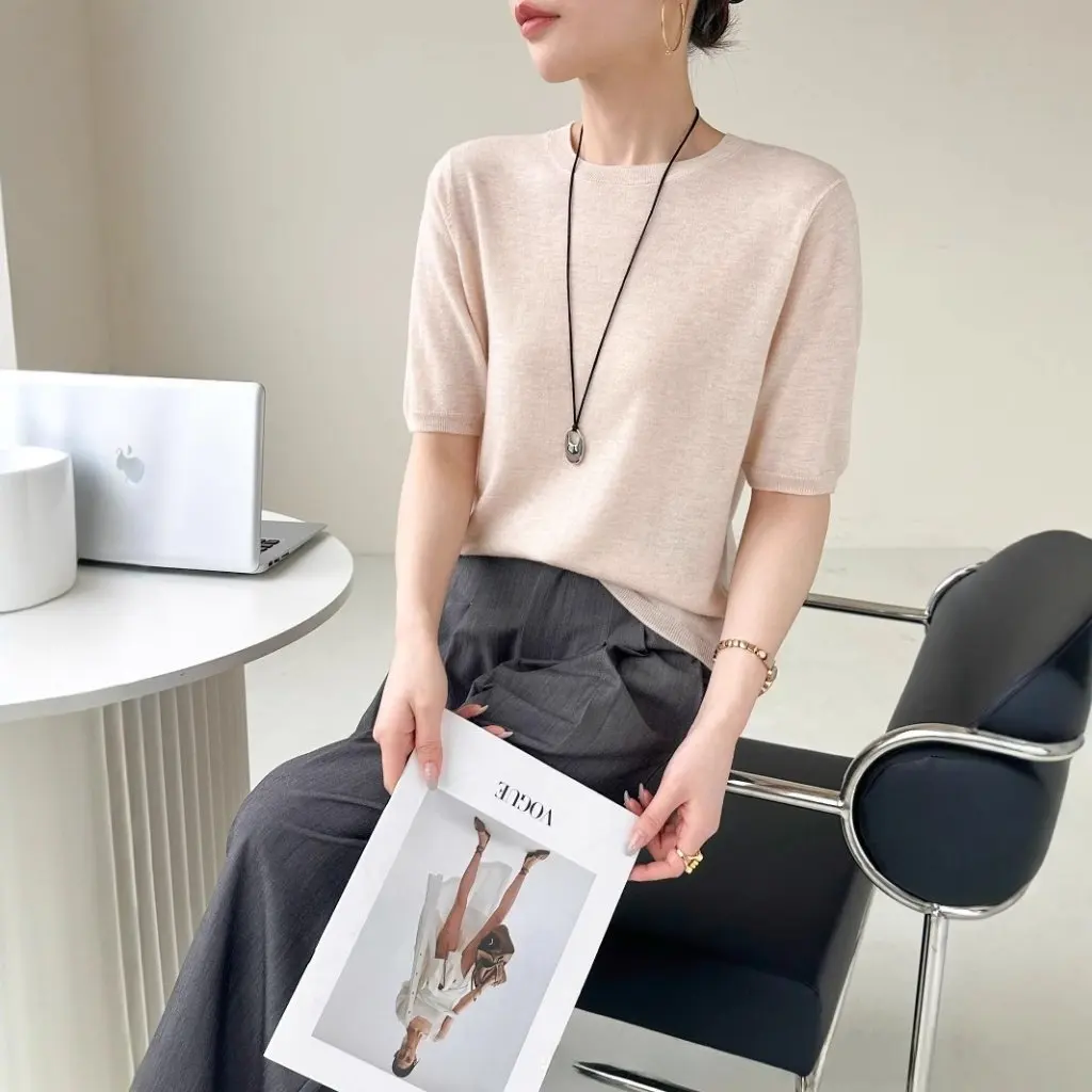 

Doranchun Women's 100% Wool Sweater Single-sided Crewneck Short-Sleeved Casual T-shirt Puyuan Style Half-Sleeved Top