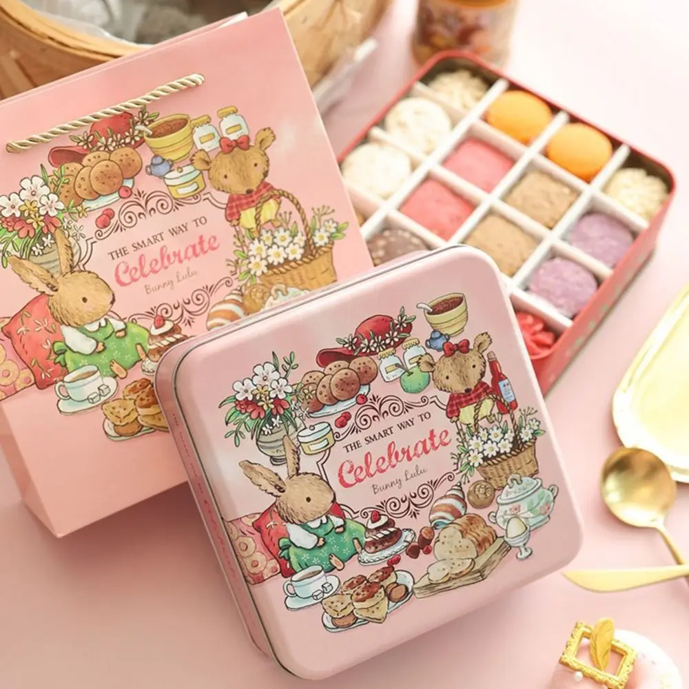 Caja de Hierro Cuadrada con Diseño de Conejo de Dibujos Animados, Multicolor, para Empacar Pasteles, 17*17*6cm, con Tapa, para Dulces, Té, Galletas, Bizcochos