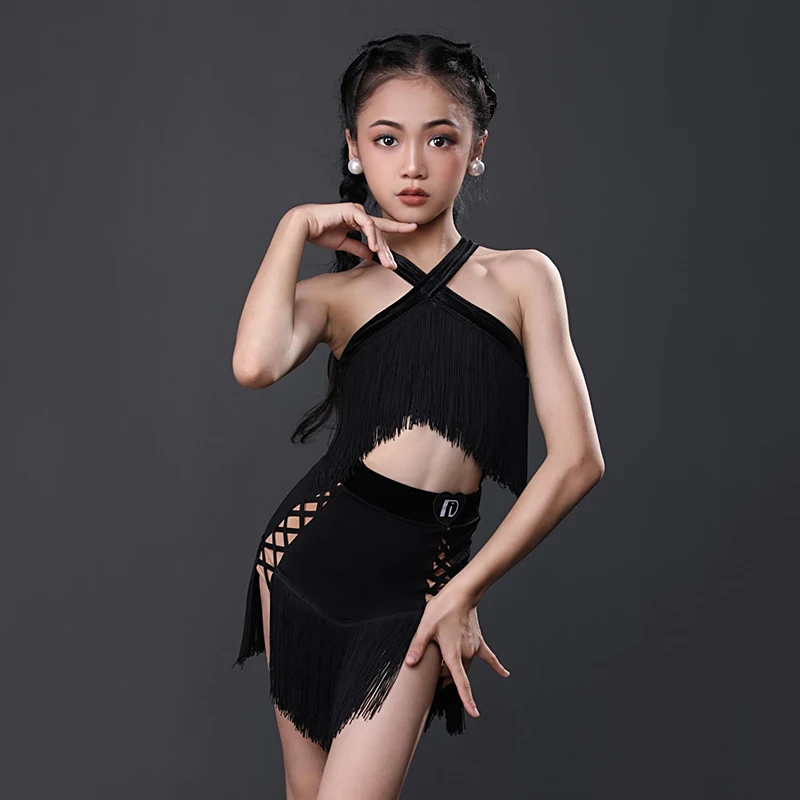 

Black Fringe Latin Dance Dress Girls Summer Halter Top Skirt Set Samba Cha Cha Competition Dress Kids Latin Dance Suit AMY2146