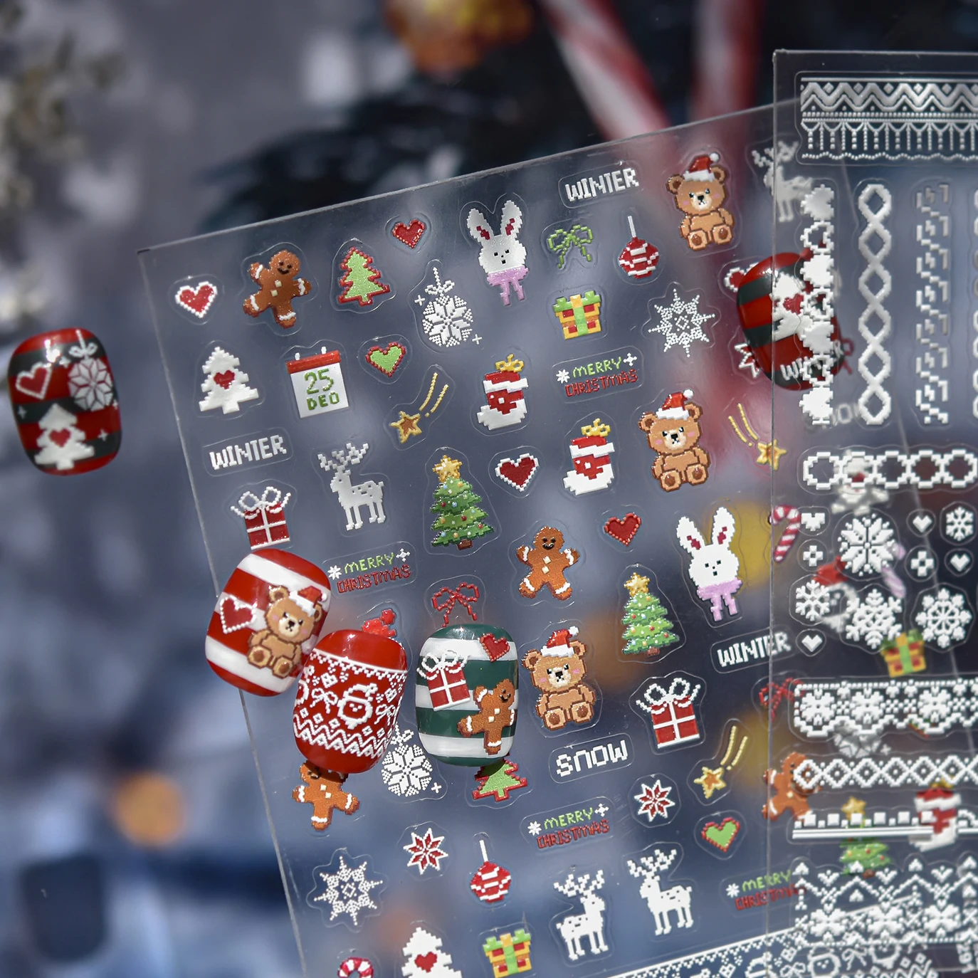 5D Embossed Merry Christmas Tree Deer Bear Snowflake Sweater Texture Lace Pattern Nail Stickers Decals Manicure Winter Charms