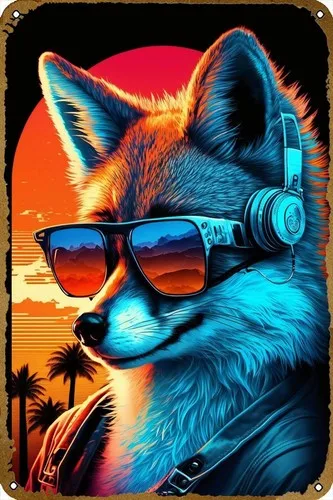 Blechschild Neon-Fuchs-Poster Nostalgische Vintage Metall-Wanddekoration