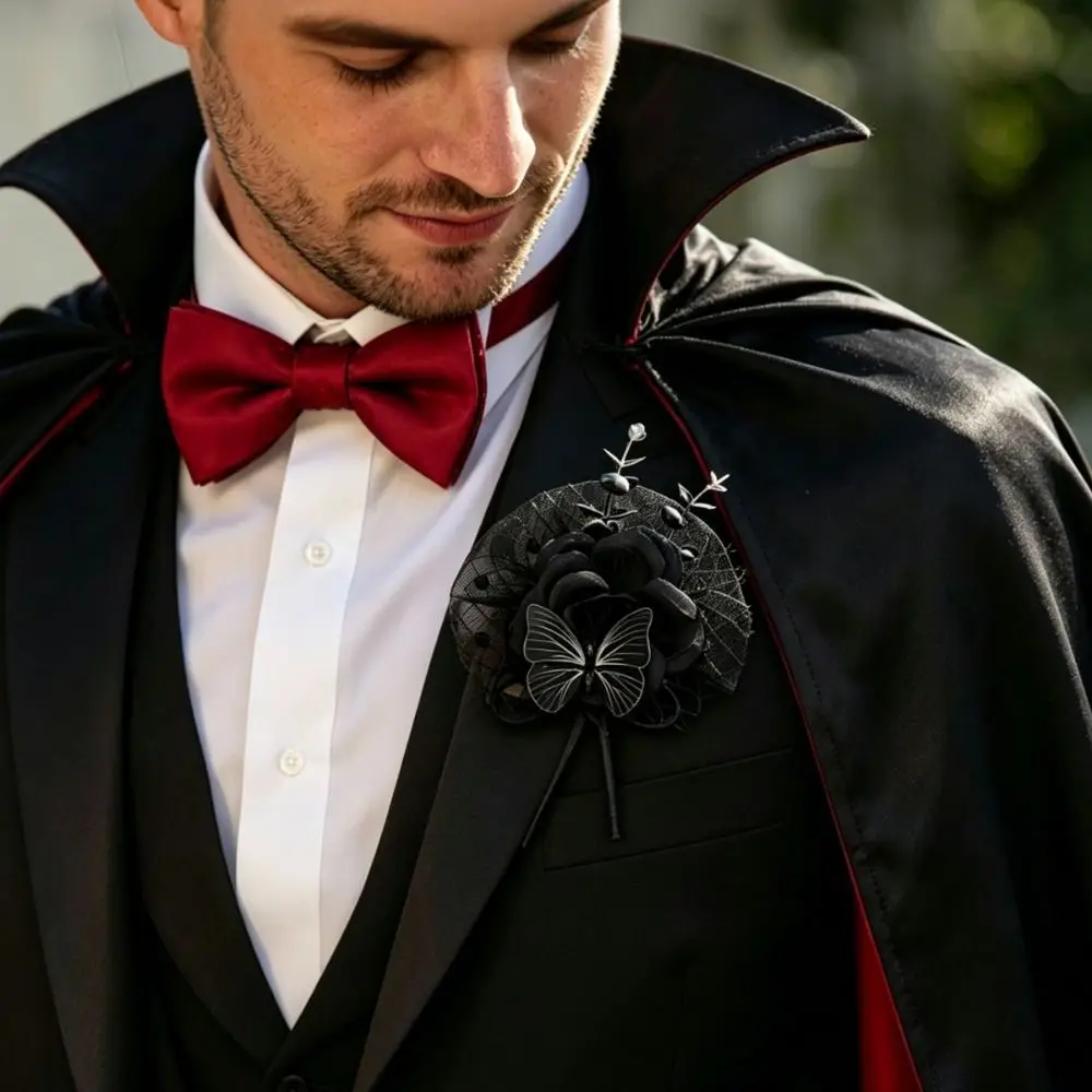 New Fabric Flower Rose Corsage Black Color Ribbon Flower Brooch Wearable Design Tulle Mesh Floral Boutonniere Butterfly Decor