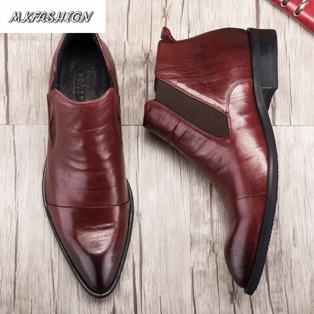 Fashion Pointed Toe Sleeve Men Leather Boots Elastic Band Korean Style Mid Top Business Boots