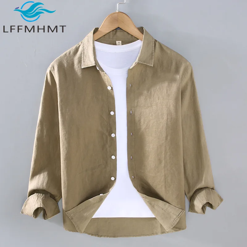 100% Linen Long Sleeve Shirt for Men Spring Fall Fashion Good Quality Solid Color Thin Breathable Healthy Lapel Blouse Tops Male