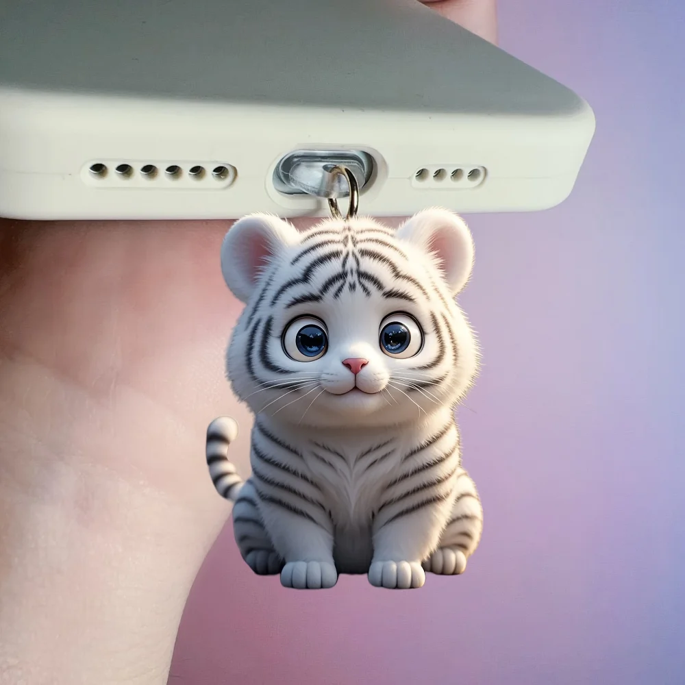 2D schattige witte tijger acryl telefoon stofplug voor ovale oplaadpoort schattige anti-stofkap diervormige opladerbeschermer