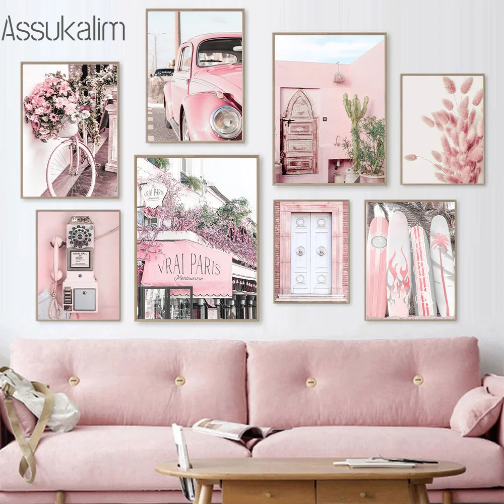 Pink Car Art Painting Bicycle Wall Posters Surfboard Art Prints Romanticism Poster Nordic Wall Pictures Pink Girl Room Decor