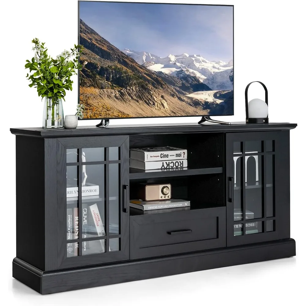 Farmhouse TV Stand for TV up to 70 Inch, Tall Media Console Table w/2 Glass Doors, Entertainment Center w/Cubbies & Drawer