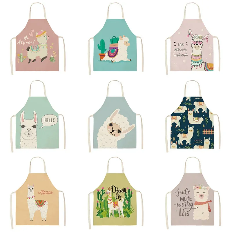 1Pcs 68x55cm Alpaca Llama Cactus Printed Sleeveless Apron Cotton Linen Women Kitchen Pinafore Home Cooking Baking Waist Bibs