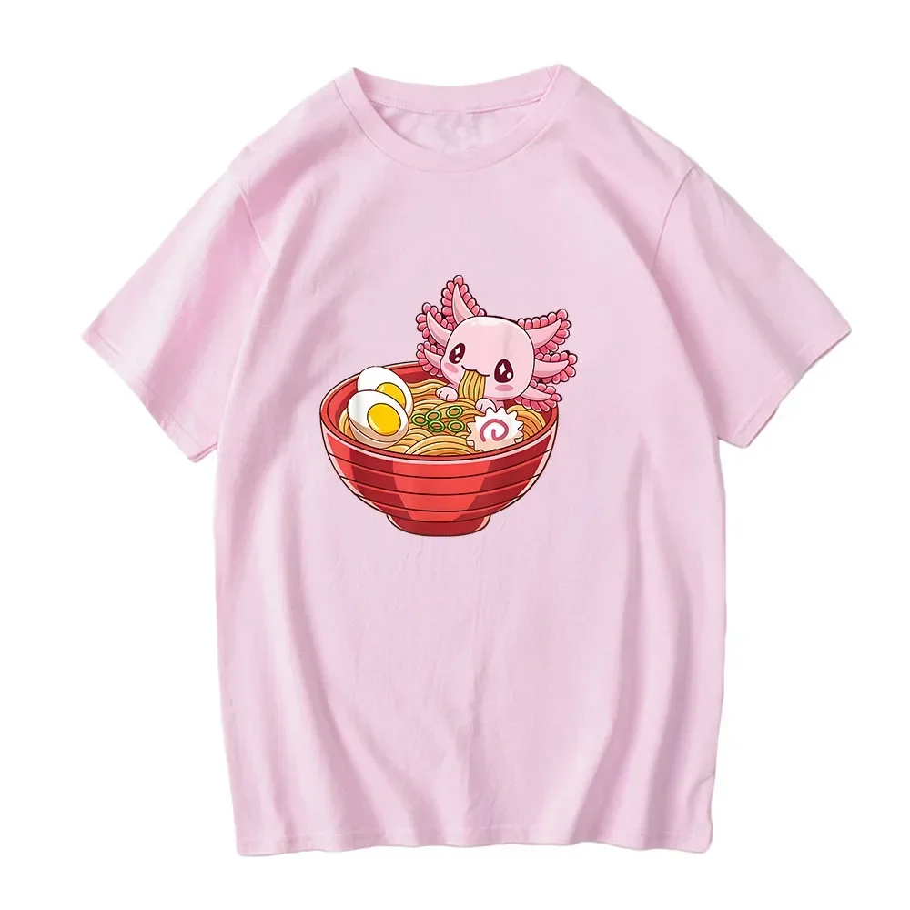 Pink Axolotl Eating Ramen Tee-shirt Short Sleeve Cotton Cartoon T-shirts Summer Soft Comfortable Mens Tees Tops Kawaii Printing