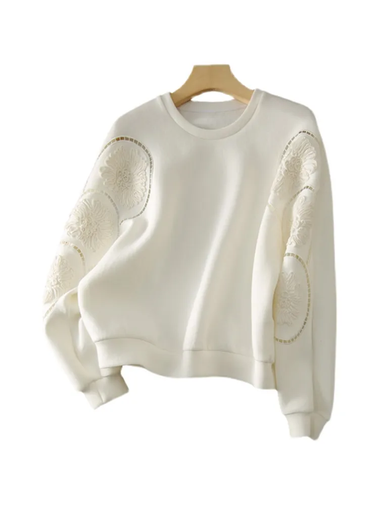 Felpa da donna europea Sle Jaet Primavera Autunno Vestibilità ampia ricamata Scava fuori Lungo Sve rotondo Ne Color